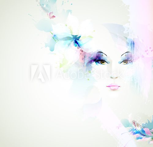 Beautiful fashion women face with natural elements and flowers  Abstrakcja Fototapeta