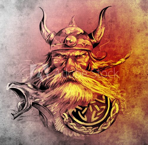 Tattoo art, sketch of a viking warrior, Illustration of an ancie  Fototapety Graffiti Fototapeta