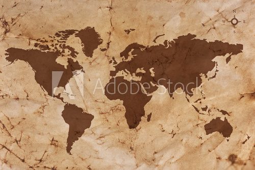 Old World map on creased and stained parchment paper  Fototapety Sepia Fototapeta