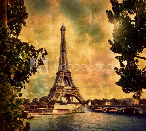 Eiffel Tower in Paris, Fance in retro style. Seine river  Fototapety Sepia Fototapeta
