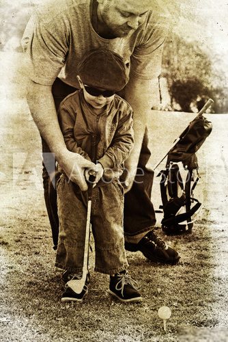 father and son play golf  Fototapety Sepia Fototapeta