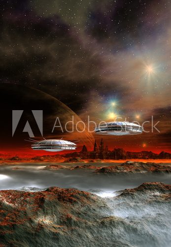 Alien Planet and Spaceships - Computer Artwork  Fototapety Kosmos Fototapeta