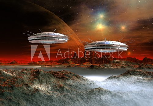 Alien Planet and Spaceships - Computer Artwork  Fototapety Kosmos Fototapeta
