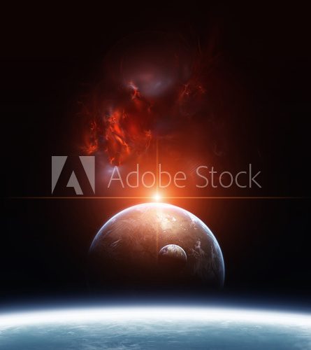 Earth with Planets and Red Nebula on background  Fototapety Kosmos Fototapeta