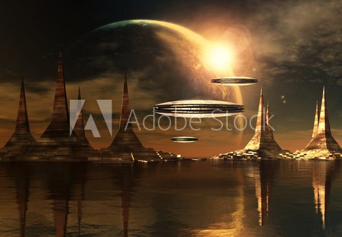 Alien Planet with Towers and Spaceships - Computer Artwork  Fototapety Kosmos Fototapeta
