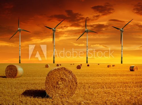 Straw bales with wind turbines in the sunset  Zachód Słońca Fototapeta