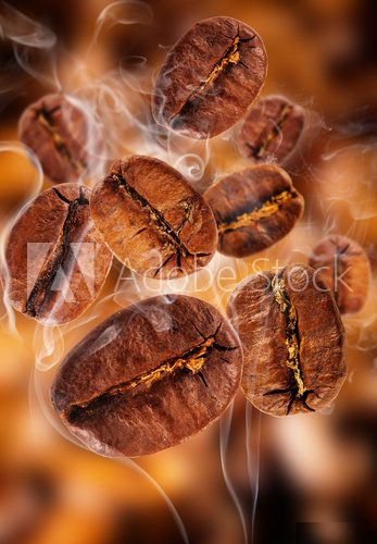 Flying coffee beans in smoke  Kawa Fototapeta