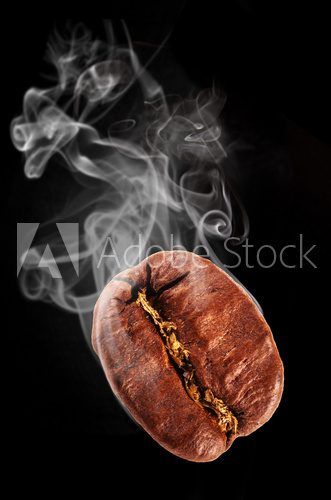 Flying coffee bean in smoke, isolated on black background  Kawa Fototapeta