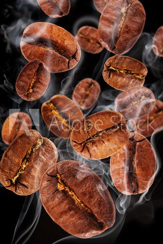 Flying coffee beans in smoke, isolated on black background  Kawa Fototapeta