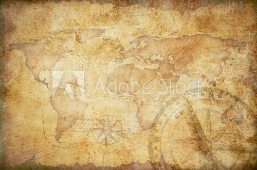 aged treasure map, ruler, rope and old brass compass still life  Mapa Świata Fototapeta