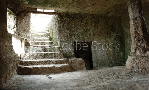 Inside Chufut-kale cave town, Crimea, Ukraine  Schody Fototapeta