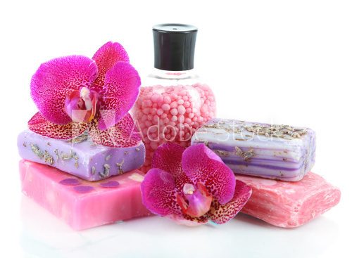 Sea salt, soap and orchid isolated on white  Obrazy do Salonu SPA Obraz