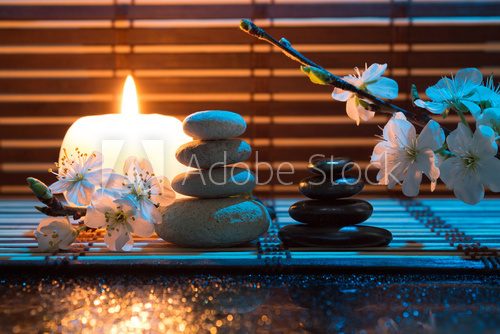 fiori di mandorla con candela e pietre bianche e nere  Obrazy do Salonu SPA Obraz
