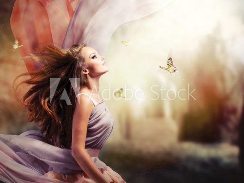 Beautiful Girl in Fantasy Mystical and Magical Spring Garden  Abstrakcja Obraz