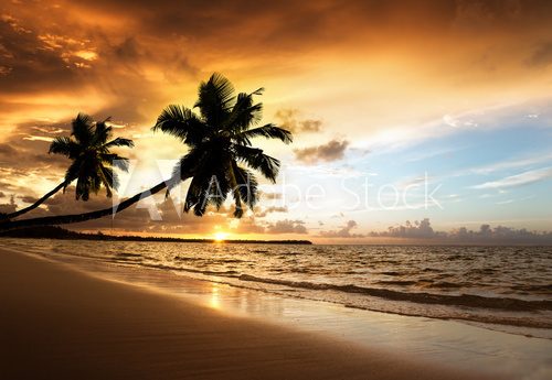 sunset on the beach of caribbean sea  Krajobrazy Obraz
