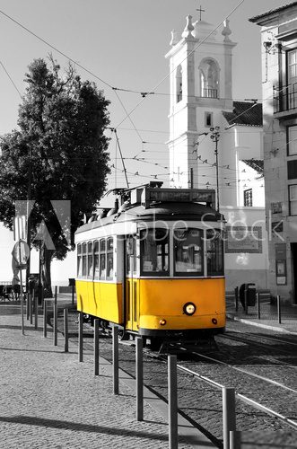 Lisbon old yellow tram over black and white background  Pojazdy Obraz