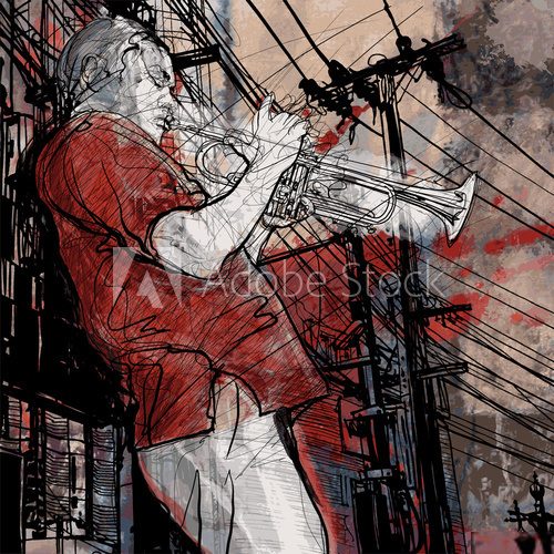 trumpeter on a grunge cityscape background  Muzyka Obraz