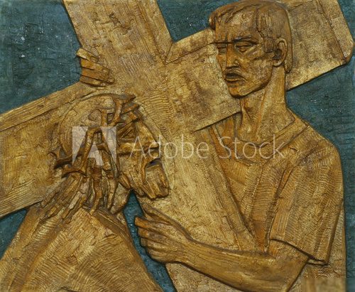 Simon of Cyrene carries the cross  Religijne Obraz