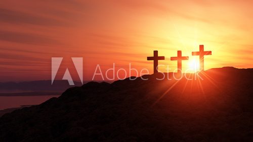3 Kreuze am HÃ¼gel bei Sonnenuntergang  Religijne Obraz