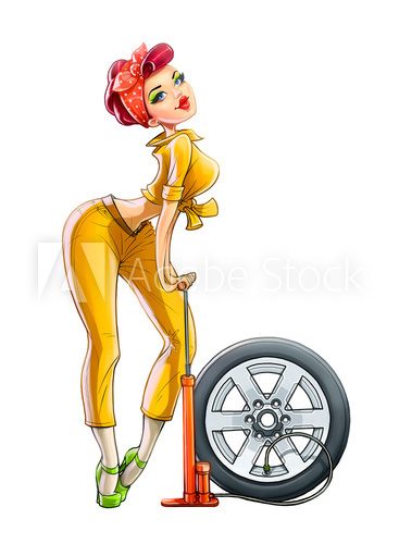 girl auto mechanic pump wheel illustration isolated on white  Pin-up Obraz