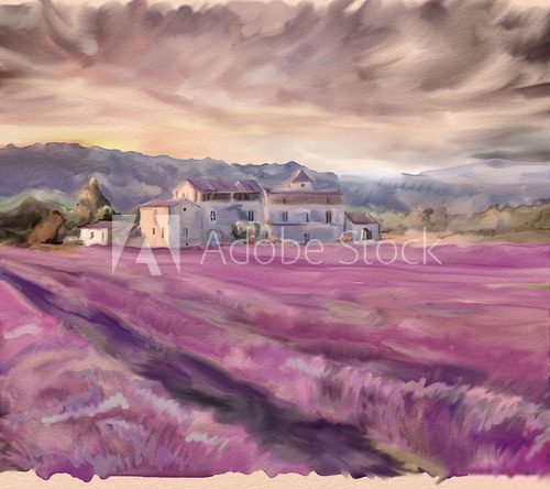 Lavender field in Provence. Watercolor painting  Prowansja Fototapeta
