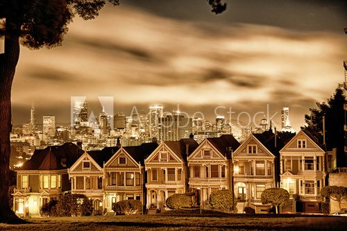 San Francisco Victorian homes at Alamo Square  Fototapety Sepia Fototapeta