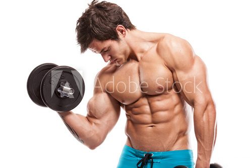 Muscular bodybuilder guy doing exercises with dumbbells over whi  Sport Fototapeta