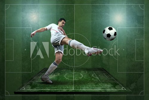 Player in action at the grunge football field.  Sport Fototapeta