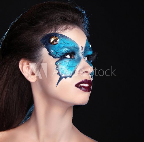 Face art portrait. Fashion Make up. Butterfly makeup on face bea  Obrazy do Salonu Kosmetycznego Obraz