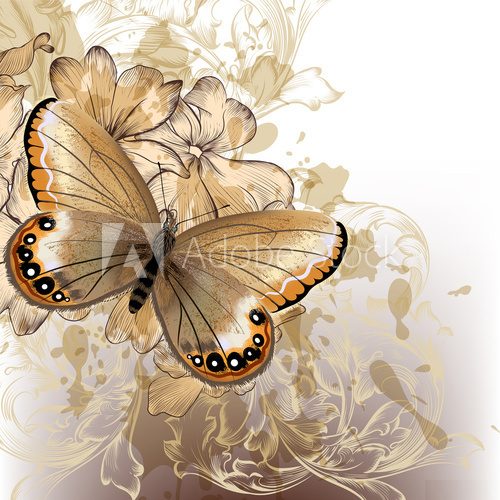 Cute stylish floral background with butterfly  Motyle Fototapeta