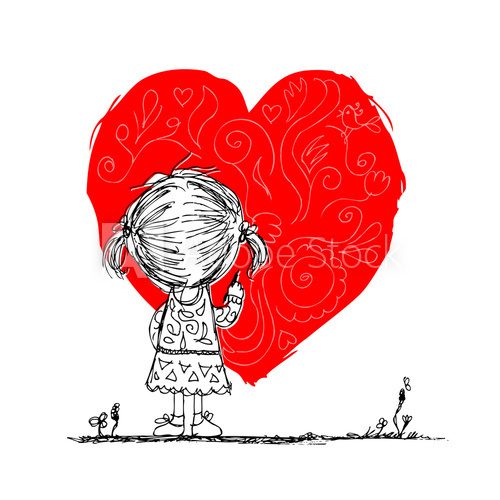 Girl draws red heart, valentine card sketch for your design  Drawn Sketch Fototapeta