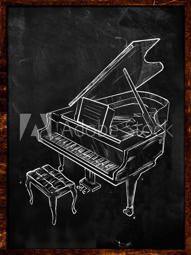 Grand Piano Drawing on Blackboard  Drawn Sketch Fototapeta