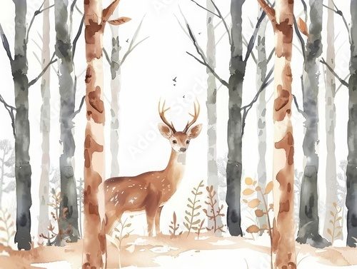 A gentle deer peeks through the forest trees at dawn, minimal watercolor style illustration isolated on white background Styl skandynawski Fototapeta