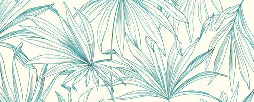 Abstract botanical art background with tropical plant leaves in white and blue with line elements. Luxury banner with exotic plants for decoration, print, wallpaper, textile, packaging. Kwiaty Fototapeta