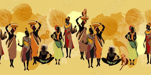 African women in national clothes horizontal seamless pattern. Beautiful black females. Tribal art. People of South Africa, vector illustration Afryka Fototapeta