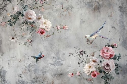 Beautiful flowers and birds on concrete wall for loft, modern and classical interior. Parrots on grey background. Illustration for wallpaper, photo wallpaper, Generative AI Fototapety do Salonu Fryzjerskiego Fototapeta