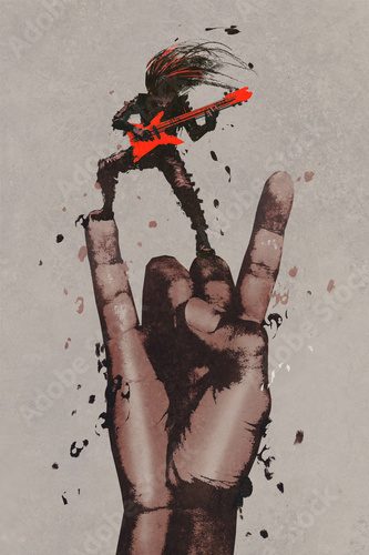 big hand in rock n roll sign with guitarist,illustration painting Ludzie Plakat