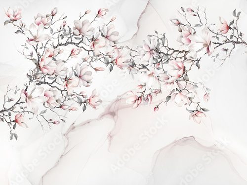 Blooming magnolia on tha abstract background. Illustration for wallpaper, photo wallpaper, mural, card, postcard, painting. Design in the loft, modern style. Fototapety do Sypialni Fototapeta