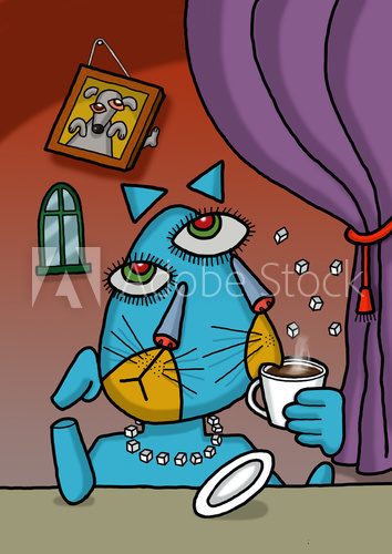 Cat is drinking coffee in an illustration with Picasso style Picasso Obraz