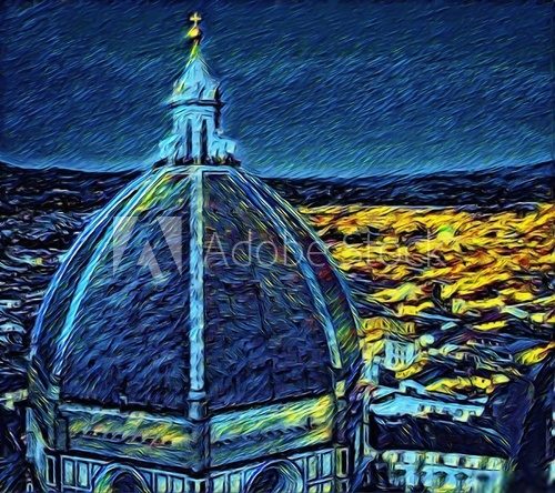 Cityscape view of Florence, tourism in Italy. Italian city old architecture. Big size oil painting fine art. Van Gogh style impressionism drawing artwork. Creative artistic print for canvas or poster. Van Gogh Obraz
