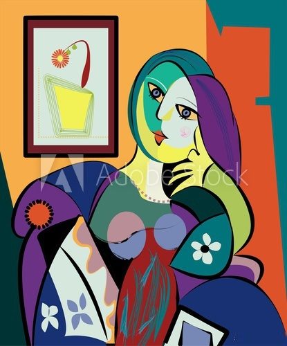 Colorful abstract background, cubism art style, portrait of woman sitting Picasso Obraz