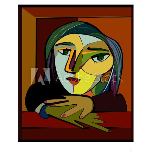 Colorful abstract background, cubism art style, thinking woman Picasso Obraz