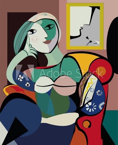 Colorful abstract background, inspired by Picasso, woman in armchair Picasso Obraz