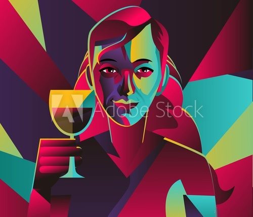 cubist colorful girl drinking wine Picasso Obraz