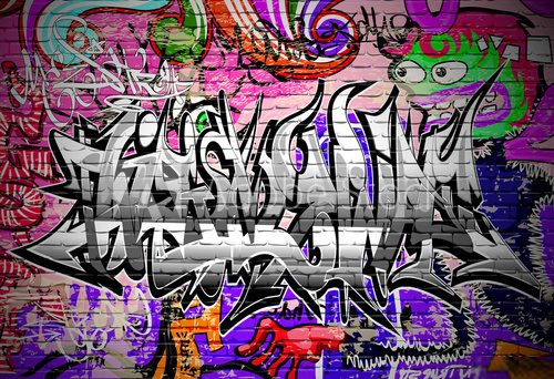 Czarno-srebrne graffiti na kolorowej ścianie z muralami Fototapety Graffiti Fototapeta