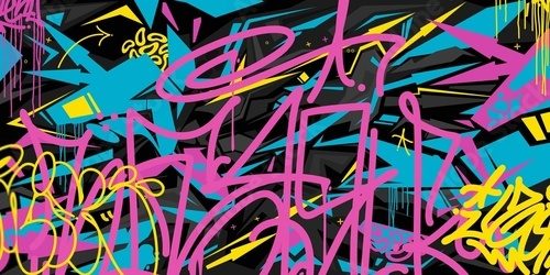 Dynamiczne graffiti w neonowych barwach na czarnym tle Fototapety Graffiti Fototapeta