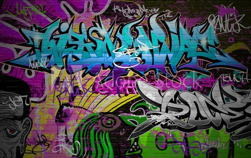 Dynamiczne graffiti w odcieniach błękitu i szarości na murze Fototapety Graffiti Fototapeta