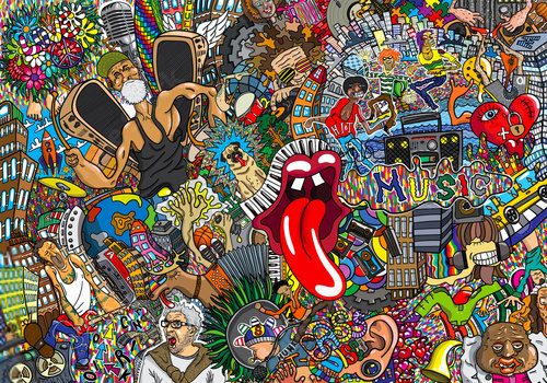 Ekspresyjna kompozycja pop-art z motywami muzyki i ulicy Fototapety Graffiti Fototapeta