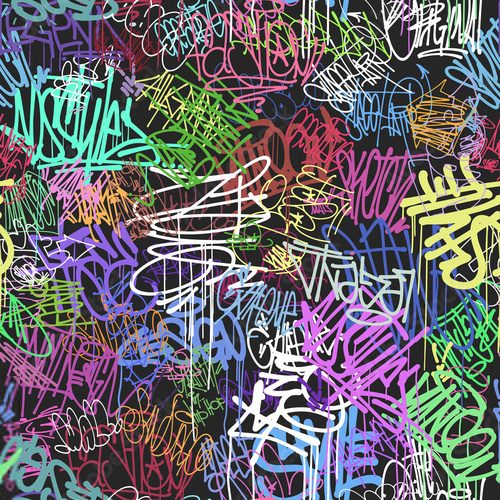 Energetyczna kompozycja kolorowych graffiti na ciemnym tle Fototapety Graffiti Fototapeta
