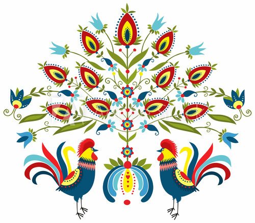 Folkowy motyw kogutów i kwiatów w jasnych barwach Folklor Fototapeta